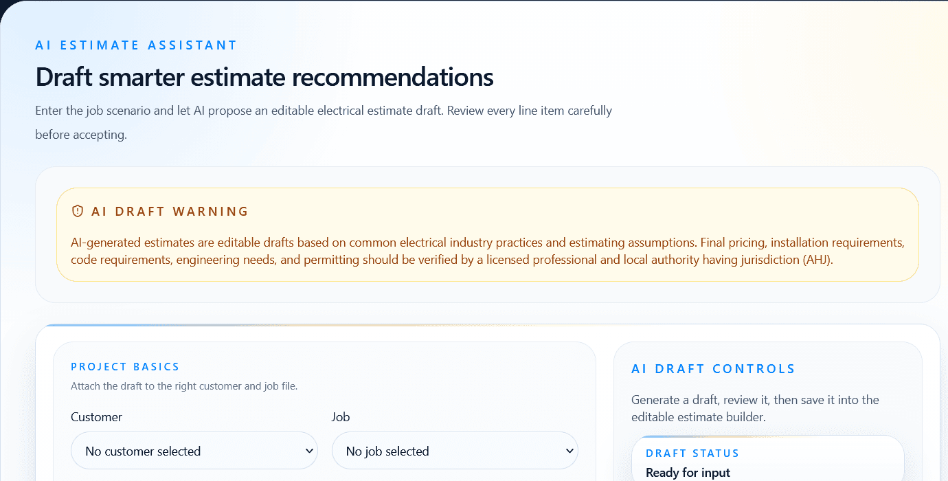 PhaseBid AI estimate assistant showing draft controls and contractor review warning