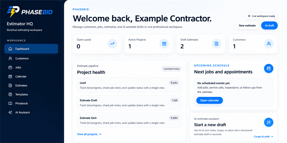 PhaseBid dashboard showing customers, jobs, estimates, and scheduling cards